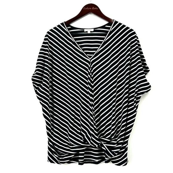 Umgee VNeck Cap Sleeve Blouse Women M Black White Stripe Twist Knot Front 1182H - Picture 3 of 11